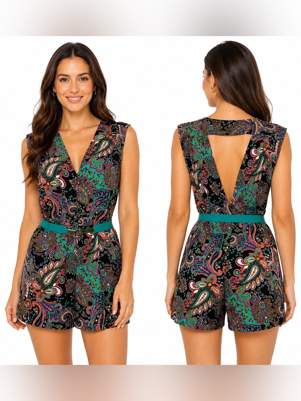 Material Girl Paisley Cutout Belted Romper Womens SZ M Midnight Dainty Boho Glam